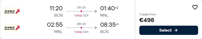 Click here to book this cheap flight deal. Cheap flights from Barcelona, Spain to Manila, Philippines for only €498 roundtrip. Flight deal ticket image.
