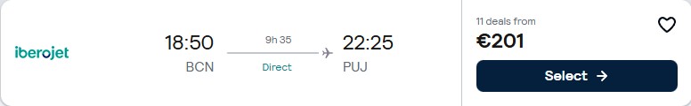 Click here to book this cheap flight deal. Non-stop flights from Barcelona, Spain to the Dominican Republic for only €201 one-way. Flight deal ticket image.