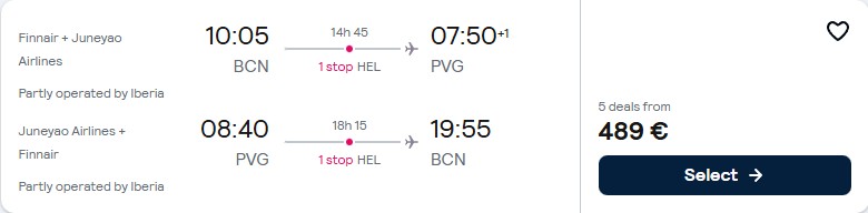 Click here to book this cheap flight deal. Cheap flights from Barcelona, Spain to Shanghai, China for only €489 roundtrip with Iberia. Flight deal ticket image.