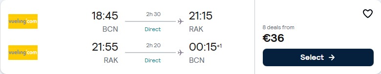 Non-stop flights from Barcelona, Spain to Marrakesh, Morocco for only €37 roundtrip. Flight deal ticket image.
