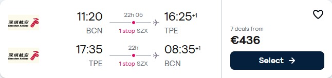 Click here to book this cheap flight deal. Cheap flights from Barcelona, Spain to Taipei, Taiwan for only €436 roundtrip. Flight deal ticket image.