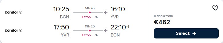 Click here to book this cheap flight deal. Cheap flights from Barcelona, Spain to Vancouver, Canada for only €462 roundtrip. Flight deal ticket image.