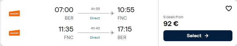 Click here to book this cheap flight deal. Non-stop flights from Berlin, Germany to the Portuguese island of Madeira for only €92 roundtrip. Flight deal ticket image.