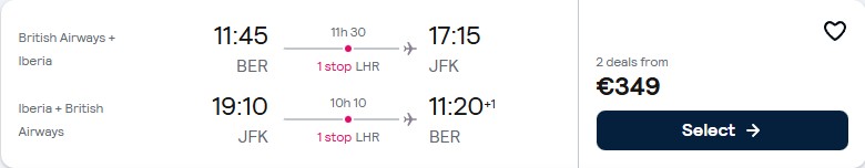 Click here to book this cheap flight deal. Cheap flights from Berlin, Germany to New York, USA for only €349 roundtrip with British Airways. Flight deal ticket image.