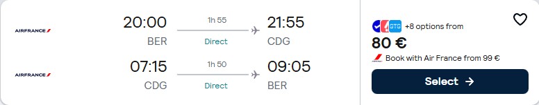 Non-stop flights from Berlin, Germany to Paris, France for only €80 roundtrip with Air France. Flight deal ticket image.
