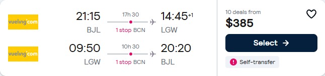 Click here to book this cheap flight deal. Christmas flights from Banjul, Gambia to London, UK for only $385 USD roundtrip. Flight deal ticket image.