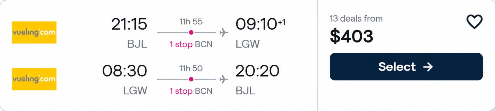 Cheap flights from Banjul, Gambia to London, UK for only $403 USD roundtrip. Flight deal ticket image.