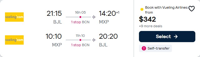 Cheap flights from Banjul, Gambia to Milan, Italy for only $342 USD roundtrip. Flight deal ticket image.