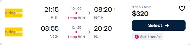 Click here to book this cheap flight deal. Cheap flights from Banjul, Gambia to Nice, France for only $320 USD roundtrip. Flight deal ticket image.