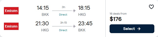 Click here to book this cheap flight deal. Non-stop flights from Bangkok, Thailand to Hong Kong for only $176 USD roundtrip with Emirates. Flight deal ticket image.