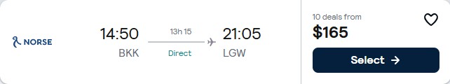 Click here to book this cheap flight deal. Non-stop flights from Bangkok, Thailand to London, UK for only $165 USD one-way. Flight deal ticket image.