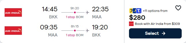 Click here to book this cheap flight deal. Cheap flights from Bangkok, Thailand to Chennai, India for only $280 USD roundtrip. Flight deal ticket image.