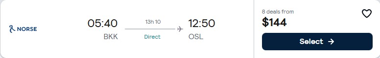Click here to book this cheap flight deal. Non-stop flights from Bangkok, Thailand to Oslo, Norway or Stockholm, Sweden for only $144 USD one-way. Flight deal ticket image.