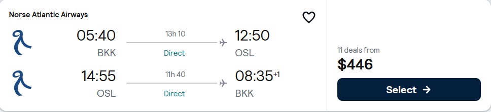 Non-stop flights from Bangkok, Thailand to Oslo, Norway for only $446 USD roundtrip. Flight deal ticket image.
