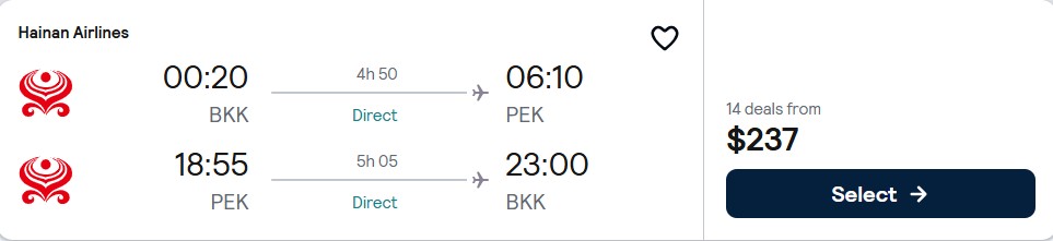 Click here to book this cheap flight deal. Non-stop flights from Bangkok, Thailand to Beijing, China for only $237 USD roundtrip with Hainan Airlines. Flight deal ticket image.