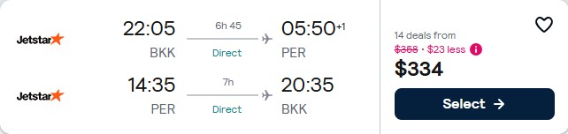 Click here to book this cheap flight deal. Non-stop flights from Bangkok, Thailand to Perth, Australia for only $334 USD roundtrip with Jetstar. Flight deal ticket image.