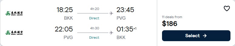 Non-stop flights from Bangkok, Thailand to Shanghai, China for only $186 USD roundtrip. Flight deal ticket image.