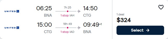 Cheap flights from Nashville to Cartagena, Colombia for only $324 roundtrip with United Airlines. Flight deal ticket image.