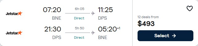Non-stop flights from Brisbane, Australia to Bali, Indonesia for only $493 AUD roundtrip with Jetstar. Flight deal ticket image.