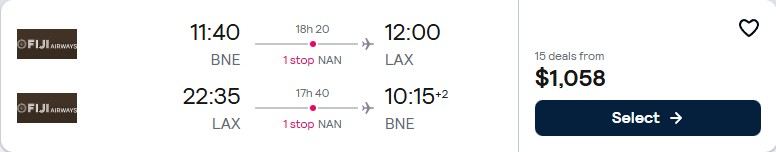 Click here to book this cheap flight deal. Cheap flights from Brisbane, Australia to Los Angeles, USA for only $1058 AUD roundtrip with Fiji Airways. Flight deal ticket image.