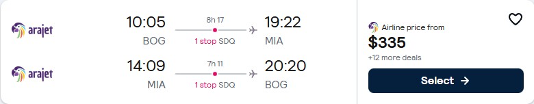 Click here to book this cheap flight deal. Cheap flights from Bogota, Colombia to Miami, USA for only $335 USD roundtrip. Flight deal ticket image.