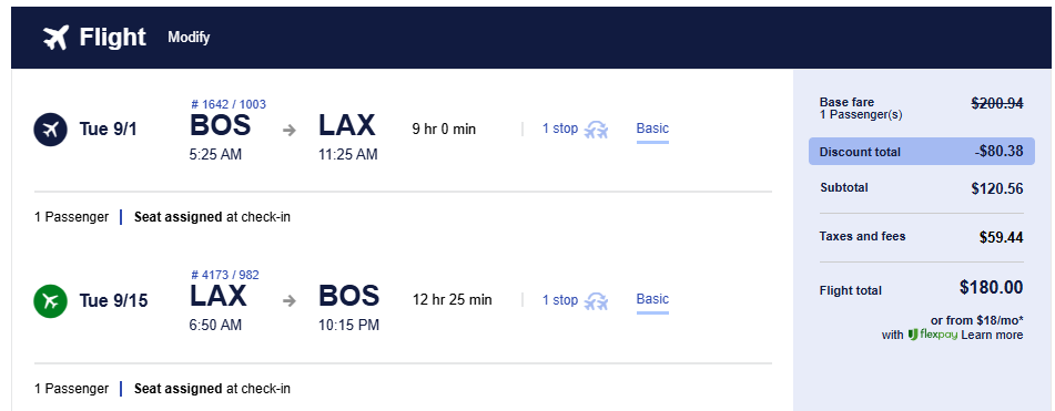 Click here to book this cheap flight deal. Non-stop flights from Boston, USA to Los Angeles, USA for only $180 roundtrip. Also works in reverse. Flight deal ticket image.