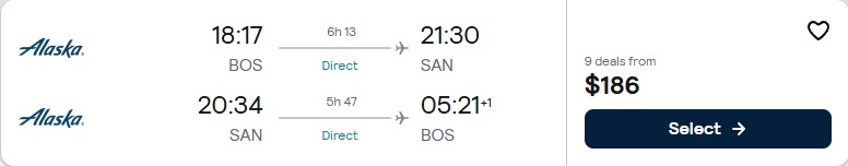 Click here to book this cheap flight deal. Non-stop flights from Boston to San Diego for only $186 roundtrip with Alaska Airlines. Also works in reverse. Flight deal ticket image.