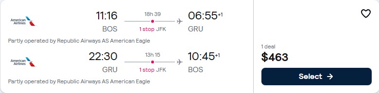 Cheap flights from Boston to Sao Paulo, Brazil for only $463 roundtrip with American Airlines. Flight deal ticket image.