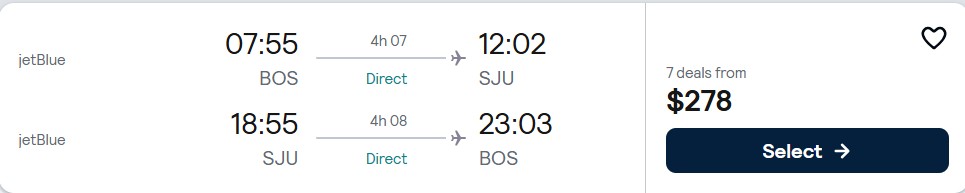 Click here to book this cheap flight deal. Non-stop flights from Boston to San Juan, Puerto Rico for only $278 roundtrip with JetBlue. Flight deal ticket image.