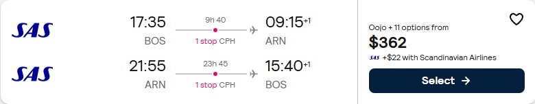 Cheap flights from Boston to Stockholm, Sweden for only $362 roundtrip with Scandinavian Airlines. Flight deal ticket image.