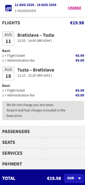 Click here to book this cheap flight deal. Summer cheap flights from Bratislava, Slovakia to Tuzla, Bosnia and Herzegovina for only €19 roundtrip. Flight deal ticket image.