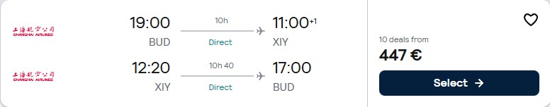 Non-stop flights from Budapest, Hungary to Xi'an, China for only €447 roundtrip. Flight deal ticket image.