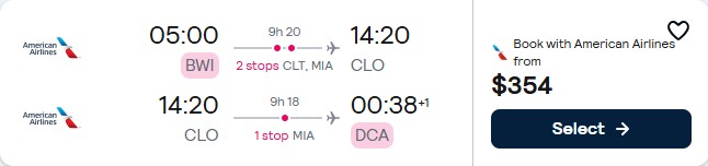 Click here to book this cheap flight deal. Cheap flights from Baltimore to Cali, Colombia for only $354 roundtrip with American Airlines. Flight deal ticket image.