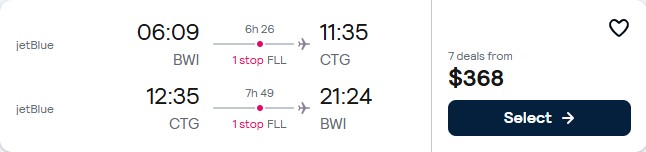 Click here to book this cheap flight deal. Summer flights from Baltimore to Cartagena, Colombia for only $368 roundtrip with JetBlue. Flight deal ticket image.