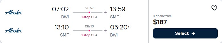 Click here to book this cheap flight deal. Cheap flights from Baltimore to Sacramento, California for only $187 roundtrip with Alaska Airlines. Also works in reverse. Flight deal ticket image.