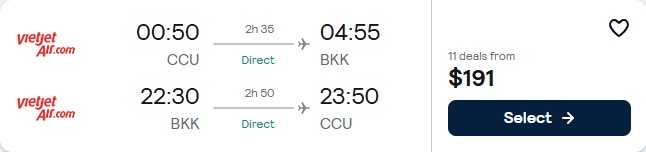 Click here to book this cheap flight deal. Non-stop flights from Kolkata, India to Bangkok, Thailand for only $191 USD roundtrip. Flight deal ticket image.