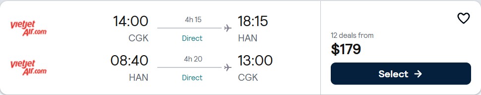 Click here to book this cheap flight deal. Non-stop flights from Jakarta, Indonesia to Hanoi, Vietnam for only $179 USD roundtrip. Flight deal ticket image.
