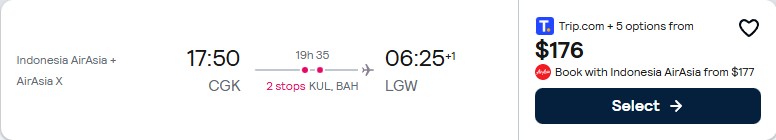 Click here to book this cheap flight deal. Cheap flights from Jakarta, Indonesia to London, UK for only $176 USD one-way. Flight deal ticket image.