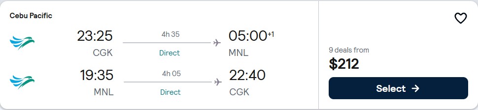 Click here to book this cheap flight deal. Non-stop flights from Jakarta, Indonesia to Manila, Philippines for only $212 USD roundtrip. Flight deal ticket image.
