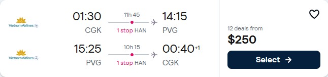 Click here to book this cheap flight deal. Cheap flights from Jakarta, Indonesia to Shanghai, China for only $250 USD roundtrip with Vietnam Airlines. Flight deal ticket image.