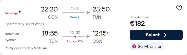 Click here to book this cheap flight deal. Cheap flights from Cologne, Germany to Tunis, Tunisia for only €182 roundtrip. Flight deal ticket image.