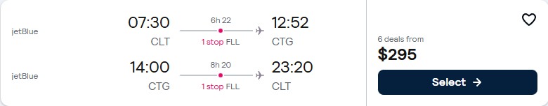 Click here to book this cheap flight deal. Summer flights from Charlotte, North Carolina to Cartagena, Colombia for only $295 roundtrip with JetBlue. Flight deal ticket image.