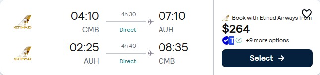 Non-stop flights from Colombo, Sri Lanka to Abu Dhabi, UAE for only $264 USD roundtrip with Etihad Airways. Flight deal ticket image.