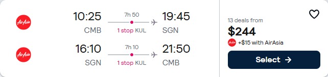 Click here to book this cheap flight deal. Cheap flights from Colombo, Sri Lanka to Ho Chi Minh City, Vietnam for only $244 USD roundtrip. Flight deal ticket image.