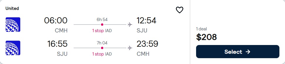 Cheap flights from Columbus, Ohio to San Juan, Puerto Rico for only $208 roundtrip with United Airlines. Flight deal ticket image.