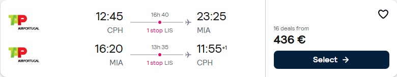 Cheap flights from Copenhagen, Denmark to Miami, USA for only €436 roundtrip with TAP Air Portugal. Flight deal ticket image.