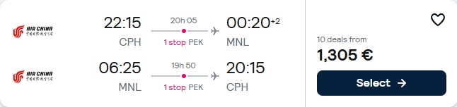 Click here to book this cheap flight deal. Business Class, summer flights from Copenhagen, Denmark to East Asia from only €1305 roundtrip. Flight deal ticket image.