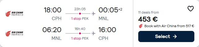 Click here to book this cheap flight deal. Cheap flights from Copenhagen, Denmark to Manila, Philippines for only €453 roundtrip. Flight deal ticket image.