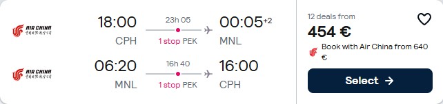 Click here to book this cheap flight deal. Cheap flights from Copenhagen, Denmark to Manila, Philippines for only €454 roundtrip. Flight deal ticket image.