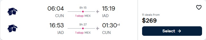 Click here to book this cheap flight deal. Cheap flights from Cancun, Mexico to Washington DC, USA for only $269 USD roundtrip with Aeromexico. Flight deal ticket image.